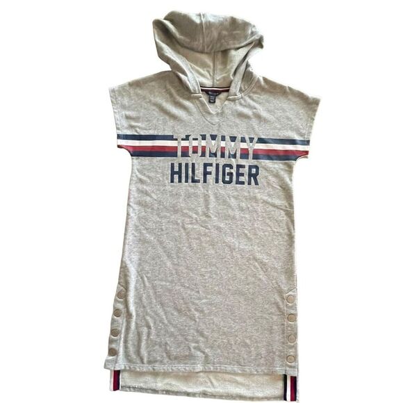 Tommy Hilfiger Girls Flag Stripe Logo Graphic Sweat Shirt Hoodie Dress Sz 8/10 M - Picture 1 of 12